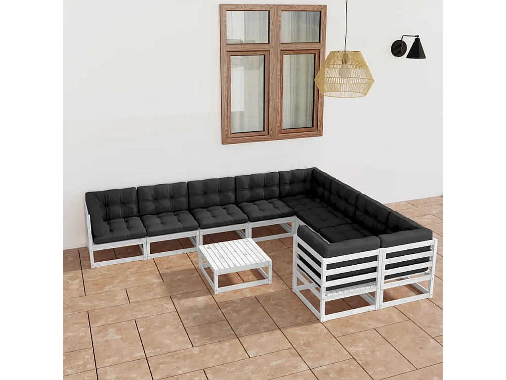 Salon de jardin 10 pcs avec coussins Blanc Bois de pin massif