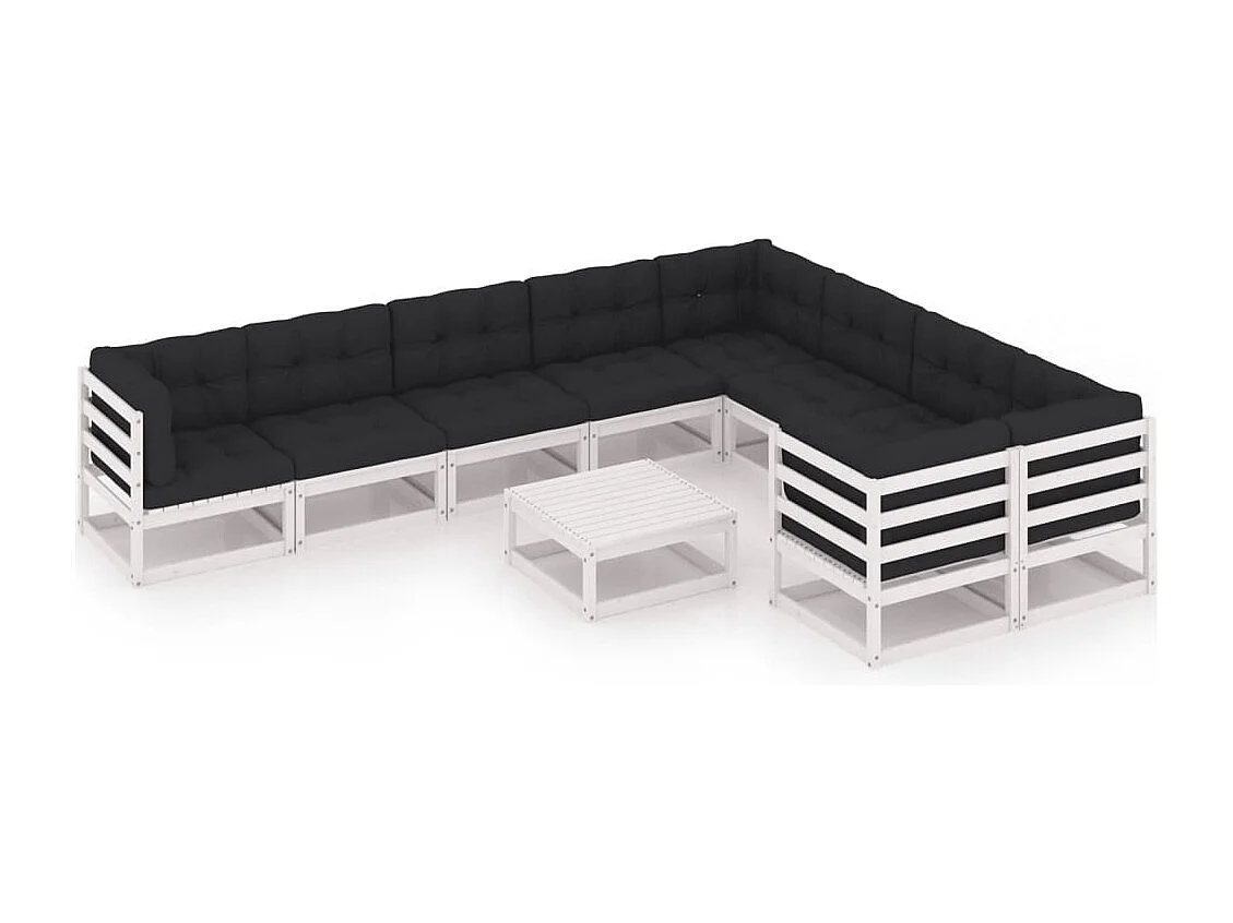 Salon de jardin 10 pcs avec coussins Blanc Bois de pin massif