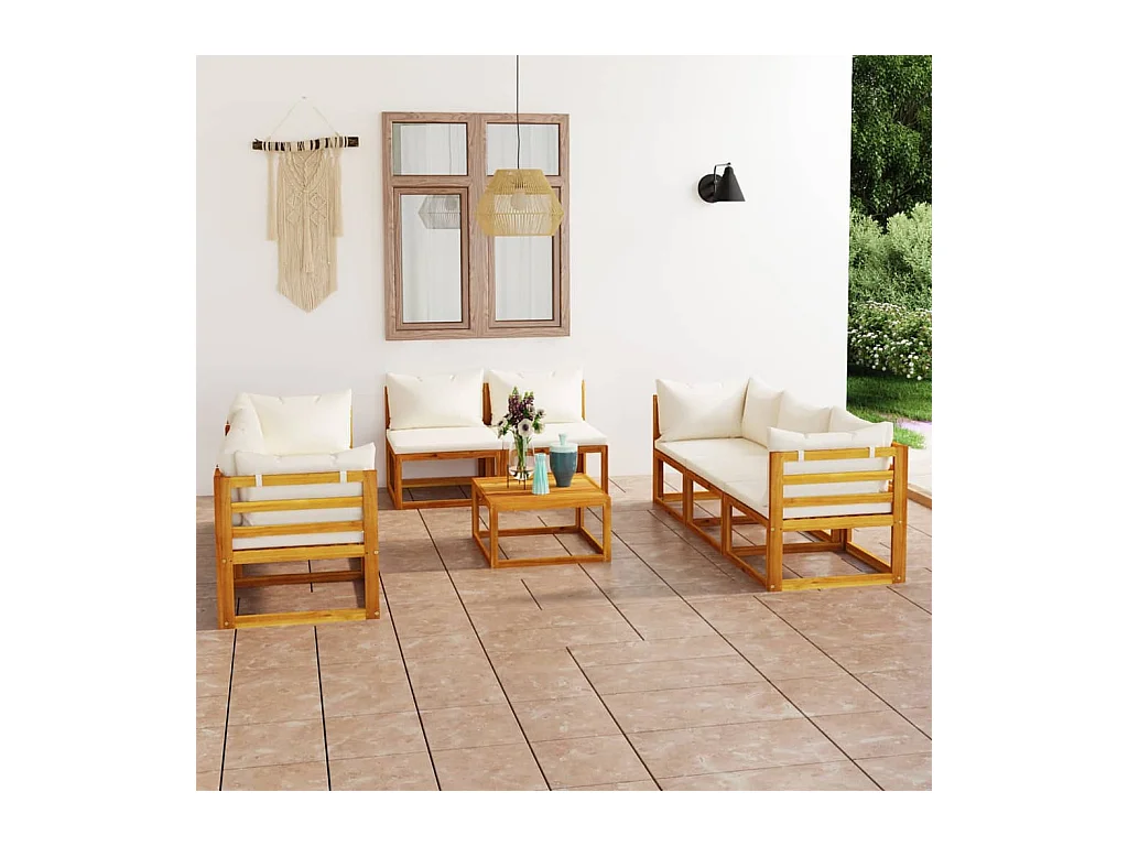 Salon de jardin 9 pcs avec coussin Crème Bois d'acacia solide