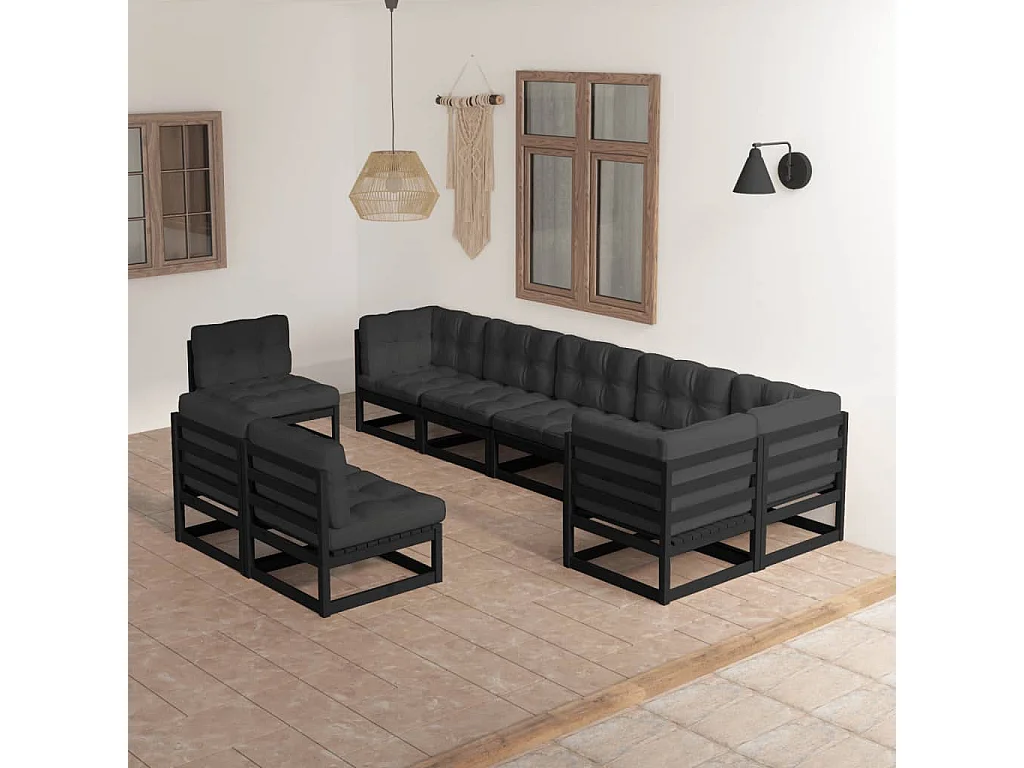 9 pcs conjunto lounge de jardim c/ almofadões pinho maciço