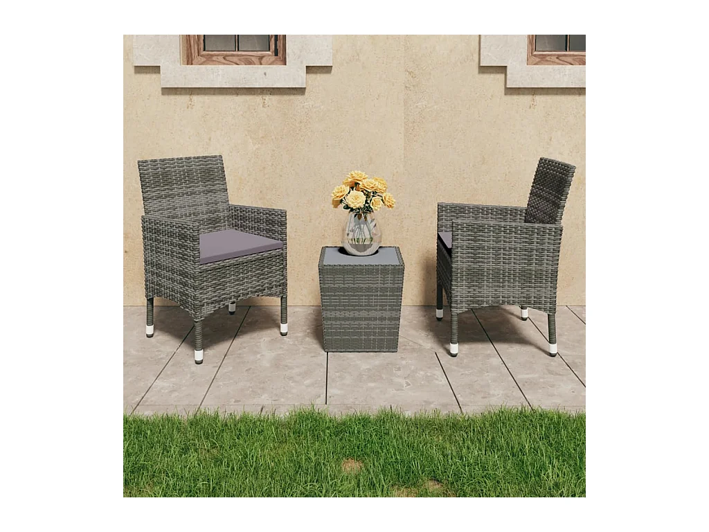 Set Bistrot Giardino 3 pz Polyrattan e Vetro Temperato Grigio