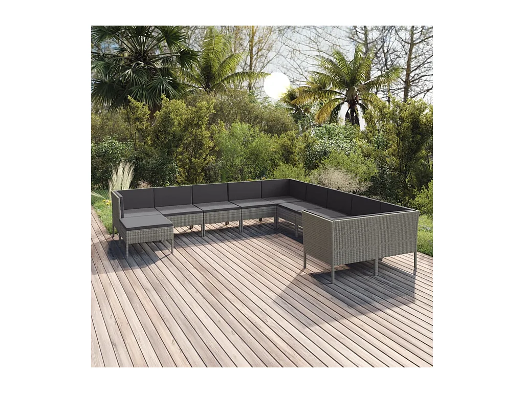Salon de jardin 11 pcs avec coussins Résine tressée Gris