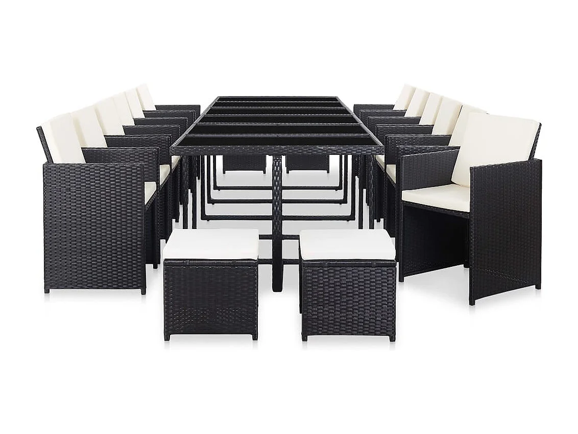 Ensemble à manger d'extérieur 17 pcs avec coussins Rotin Noir