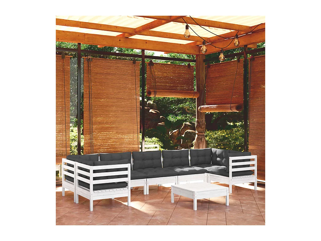 Salon de jardin 8 pcs avec coussins blanc bois de pin