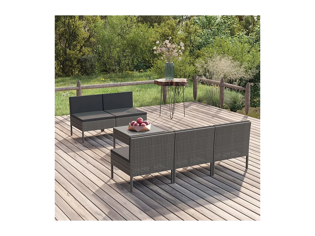 Salon de jardin 6 pcs avec coussins résine tressée gris