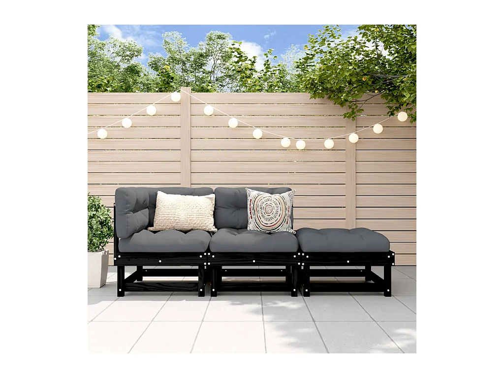 Salon de jardin 3 pcs noir bois massif de pin