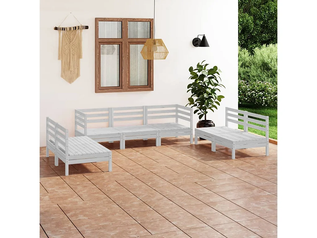 Salon de jardin 7 pcs Blanc Bois de pin massif