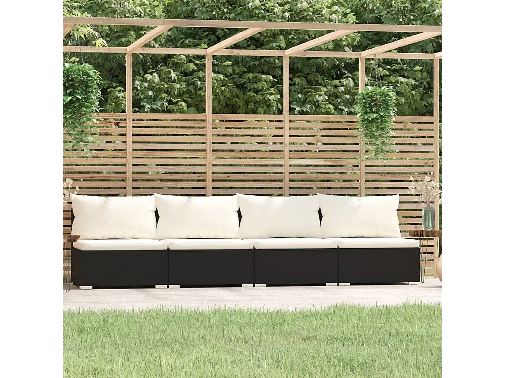 Canapé 4 places avec coussins Noir Résine tressée