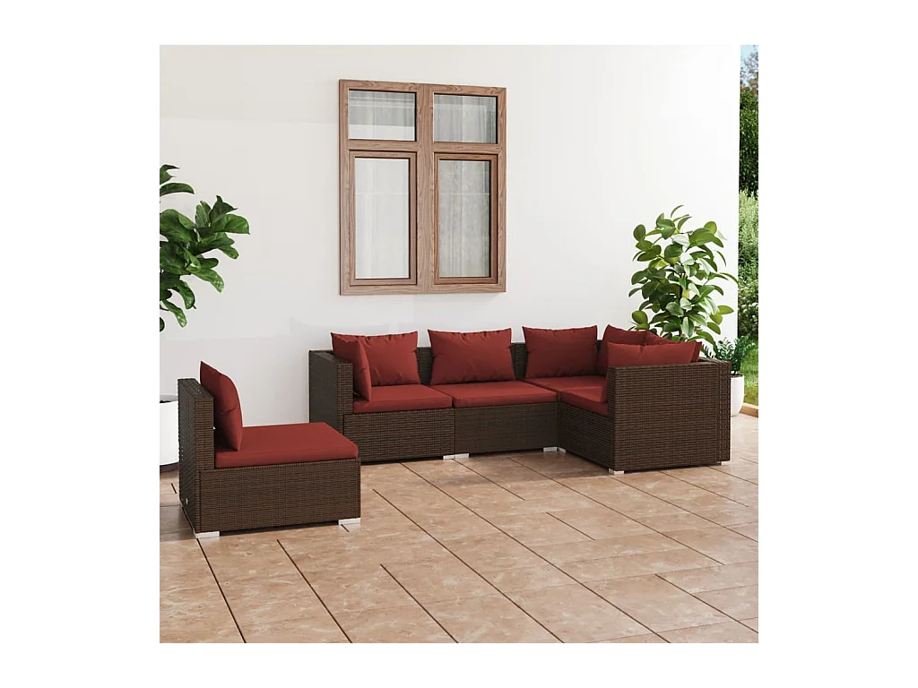 Salon de jardin 5 pcs avec coussins résine tressée marron