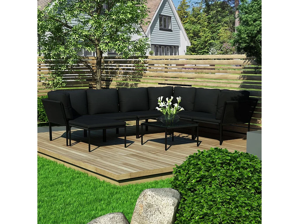 Salon de jardin 8 pcs avec coussins Noir PVC