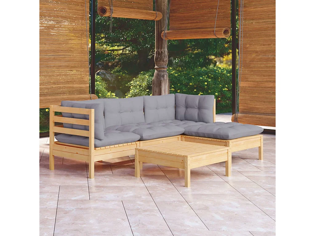 Salon de jardin 5 pcs avec coussins gris bois de pin
