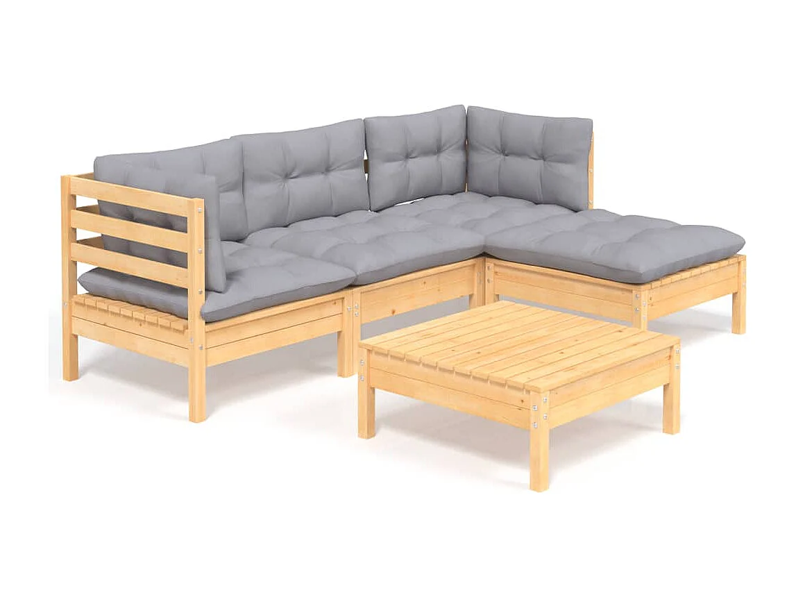 Salon de jardin 5 pcs avec coussins gris bois de pin