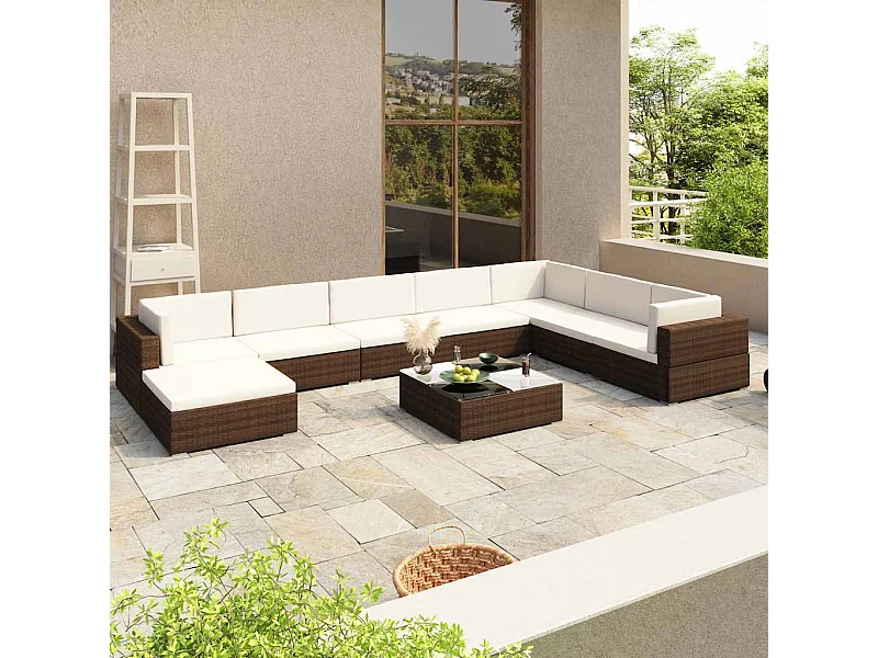 8 pcs conjunto lounge jardim c/ almofadões vime PE castanho