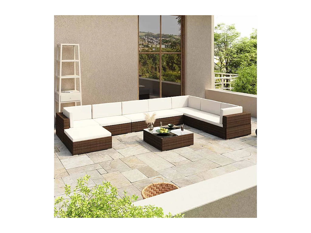 Salon de jardin 8 pcs avec coussins Résine tressée Marron
