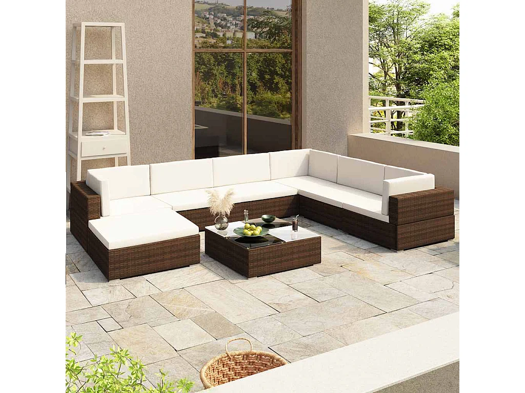 8-delige Loungeset met kussens poly rattan bruin