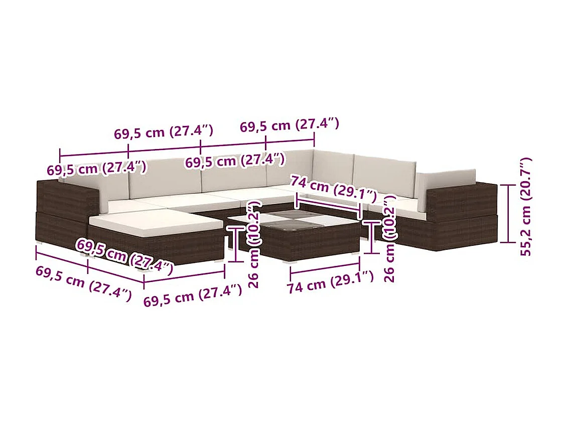 8-delige Loungeset met kussens poly rattan bruin