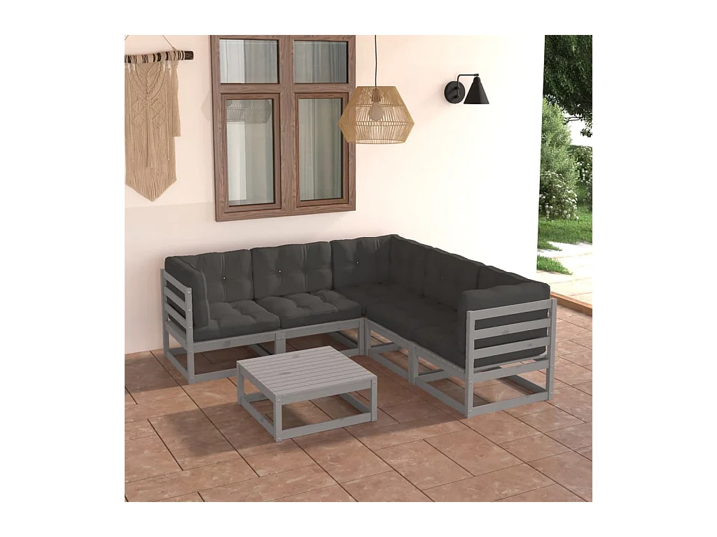 Salon de jardin 6 pcs avec coussins Bois de pin massif