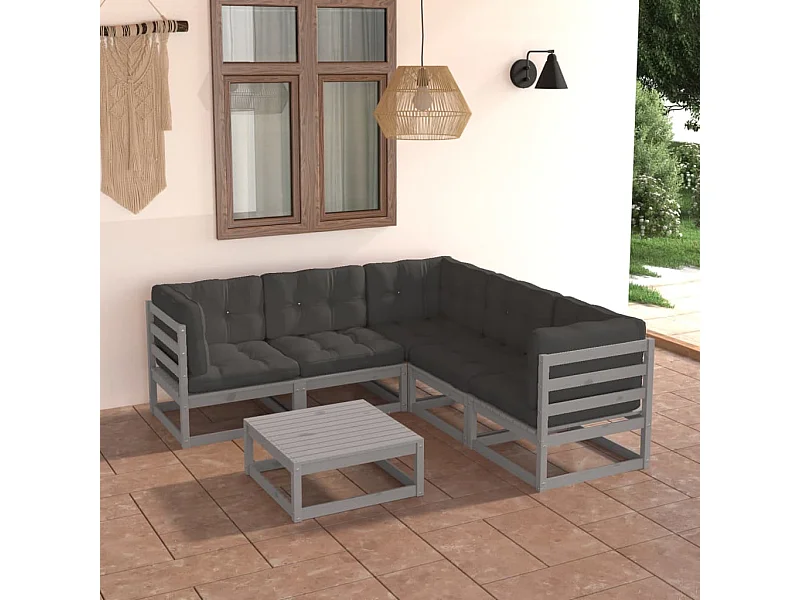 6-tlg. Garten-Lounge-Set mit Kissen Massivholz Kiefer