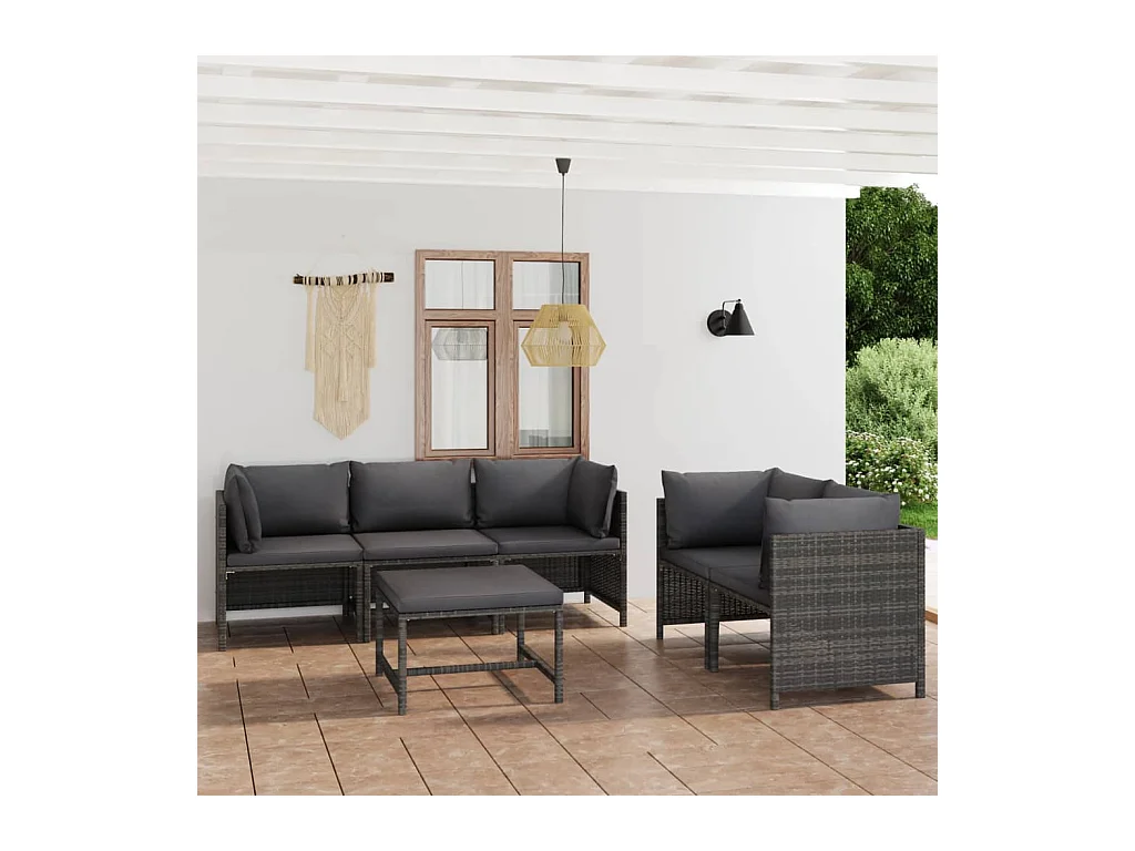 6-tlg. Garten-Lounge-Set mit Kissen Poly Rattan Grau