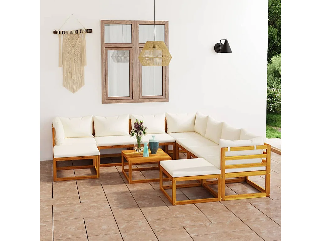 Salon de jardin 11 pcs avec coussin Crème Bois d'acacia solide