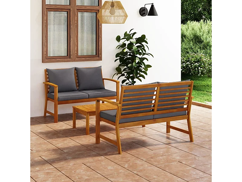 Salon de jardin 3 pcs avec coussin Bois d'acacia solide