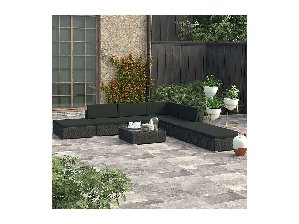 Salon de jardin 8 pcs avec coussins résine tressée noir