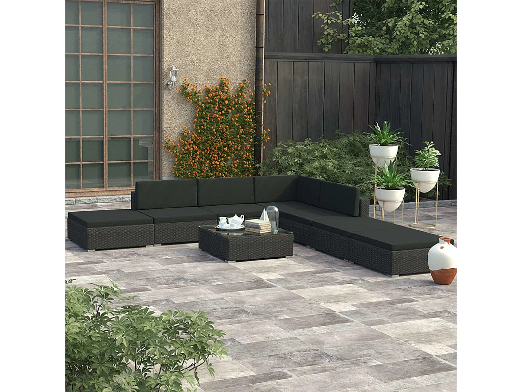 8-delige Loungeset met kussens poly rattan zwart