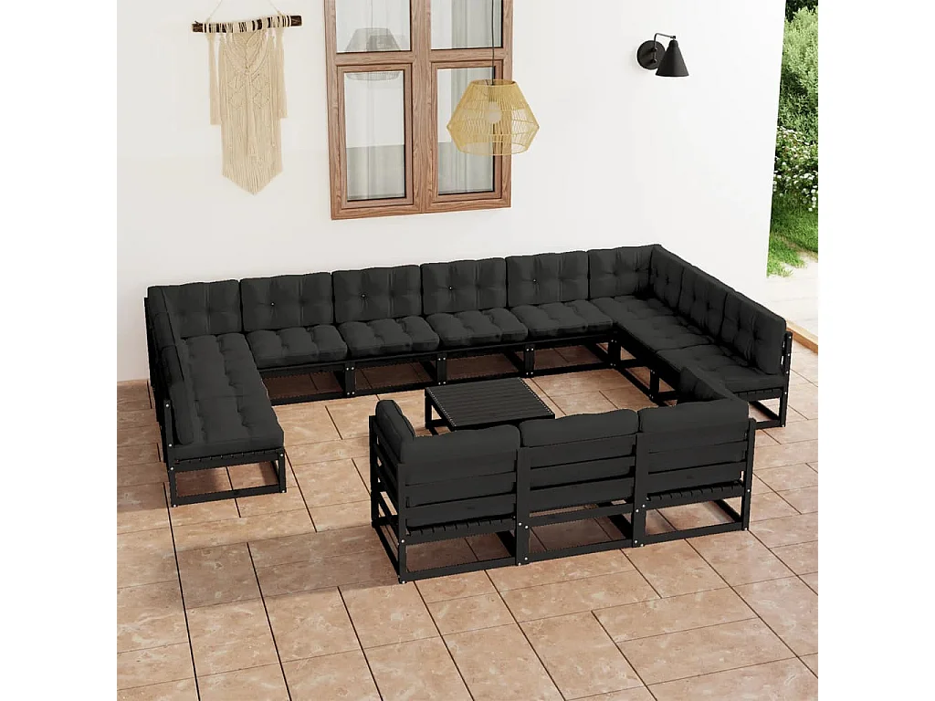 Set Divani da Giardino 14 pz con Cuscini Massello di Pino Nero