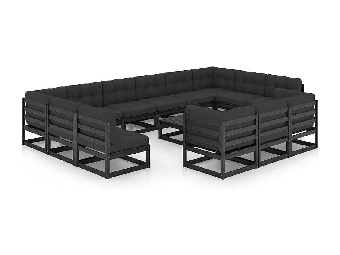 Set Divani da Giardino 14 pz con Cuscini Massello di Pino Nero