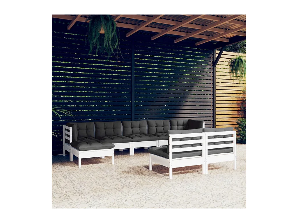 Salon de jardin 9 pcs avec coussins blanc bois de pin
