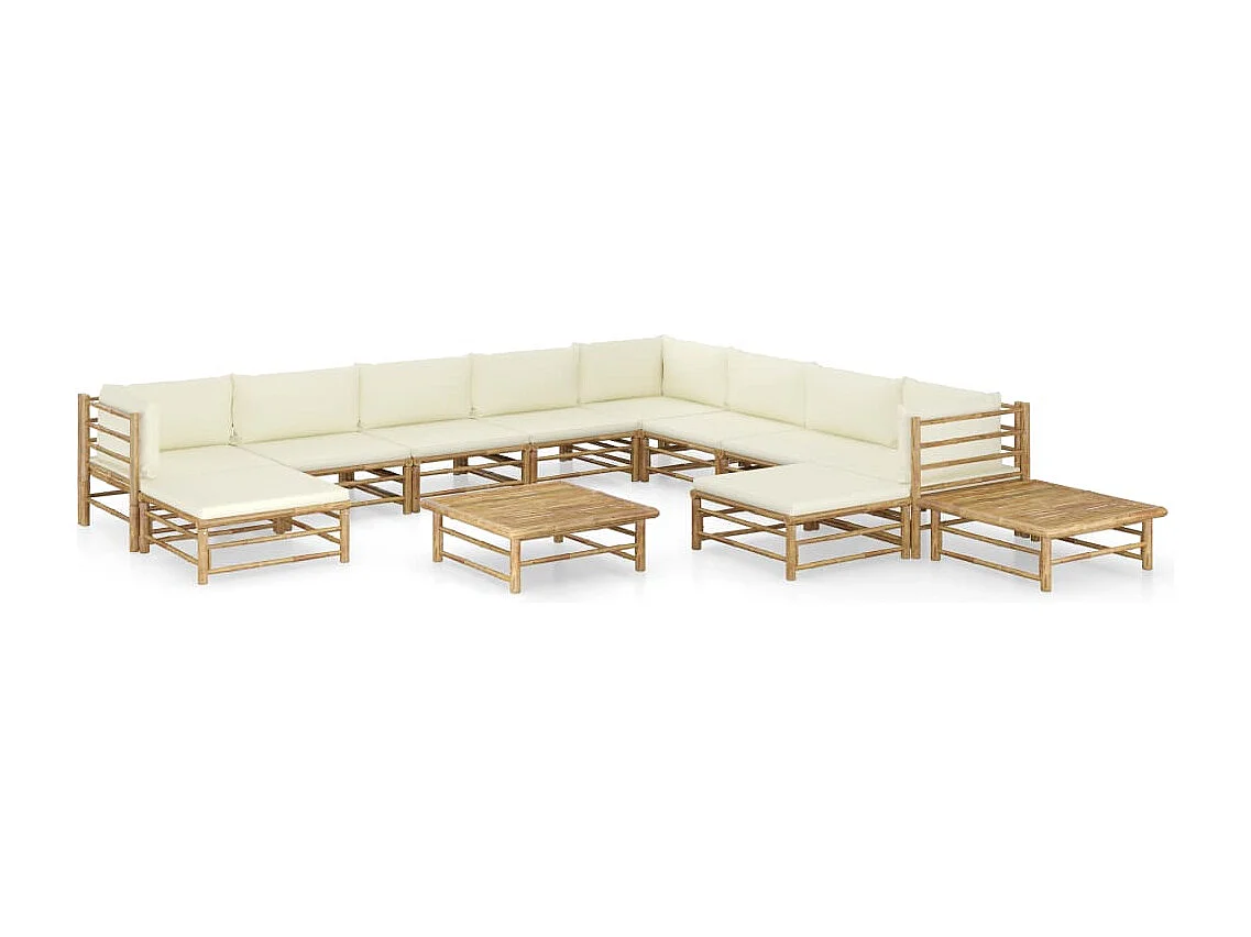 Salon de jardin 12 pcs avec coussins blanc crème bambou