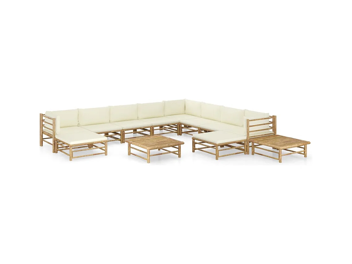 Set Salotto da Giardino 12pz con Cuscini Bianco Crema in Bambù