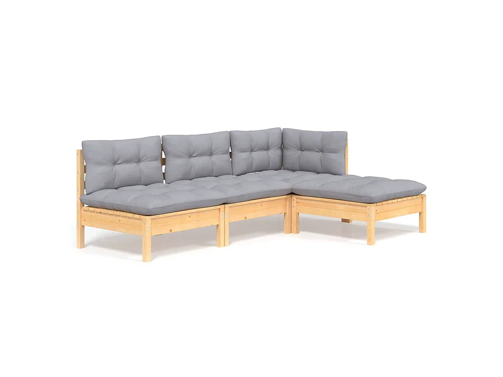 4-tlg. Garten-Lounge-Set mit Grauen Kissen Kiefernholz