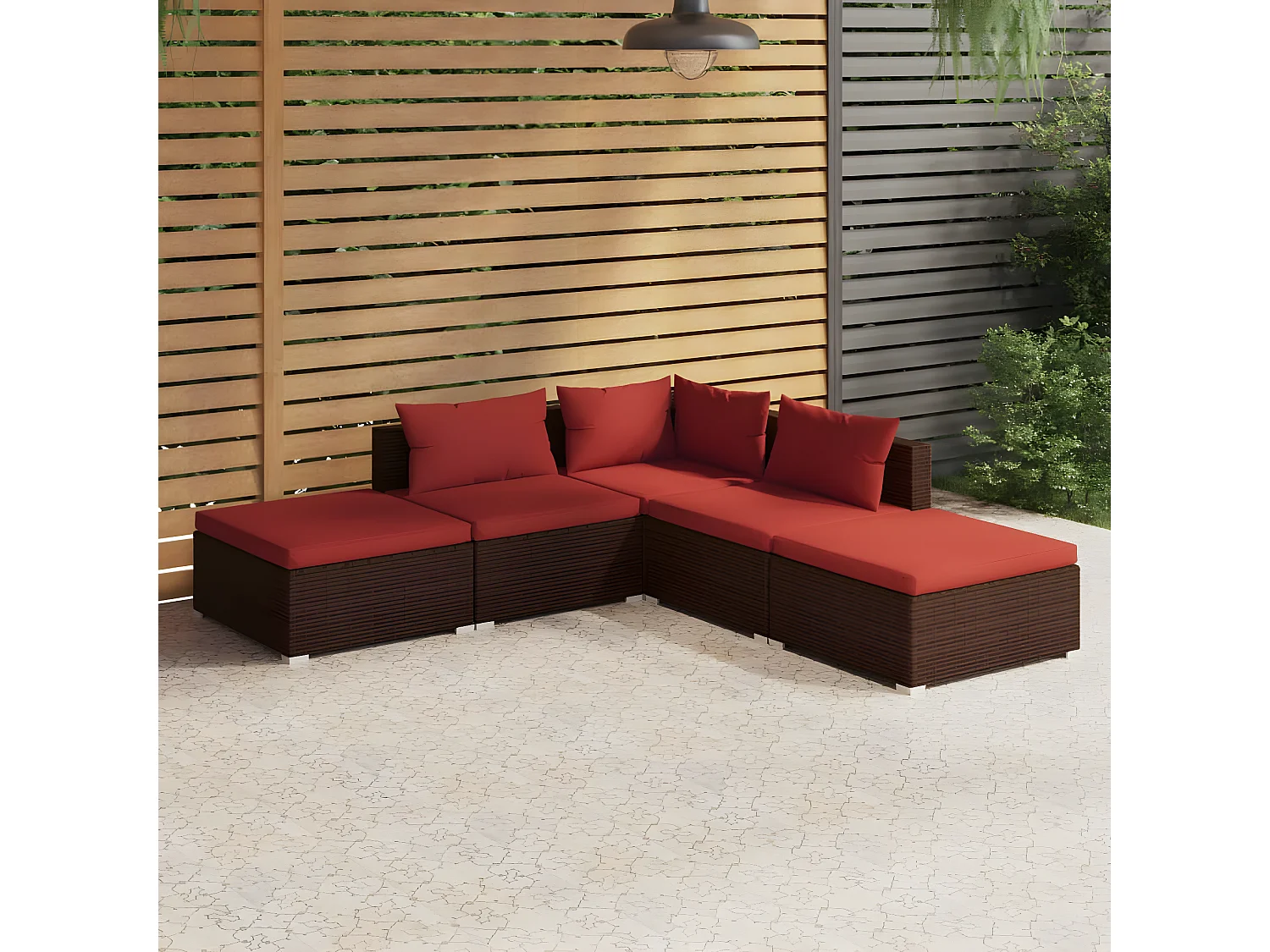 5 pcs conjunto lounge jardim c/ almofadões vime PE castanho