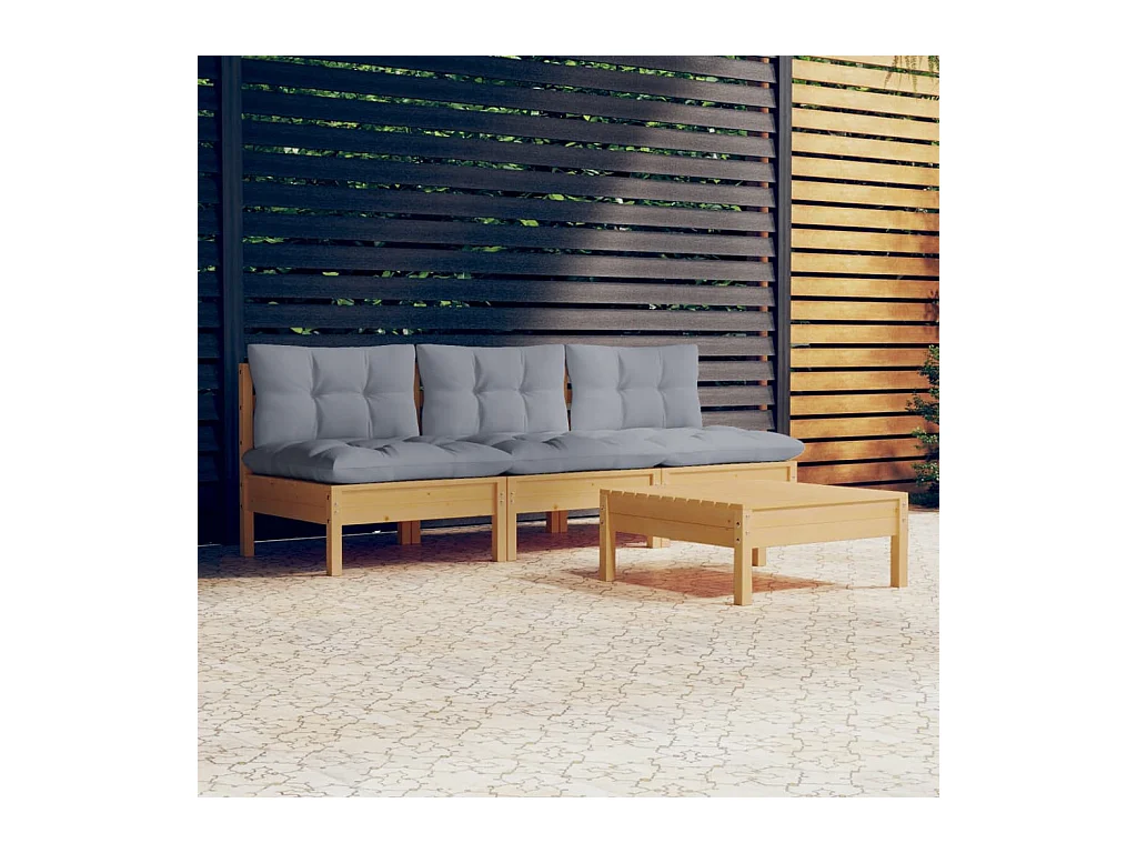 Salon de jardin 4 pcs avec coussins gris Bois de pin