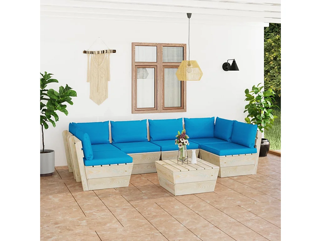 7 pcs conjunto lounge de paletes + almofadões madeira de abeto