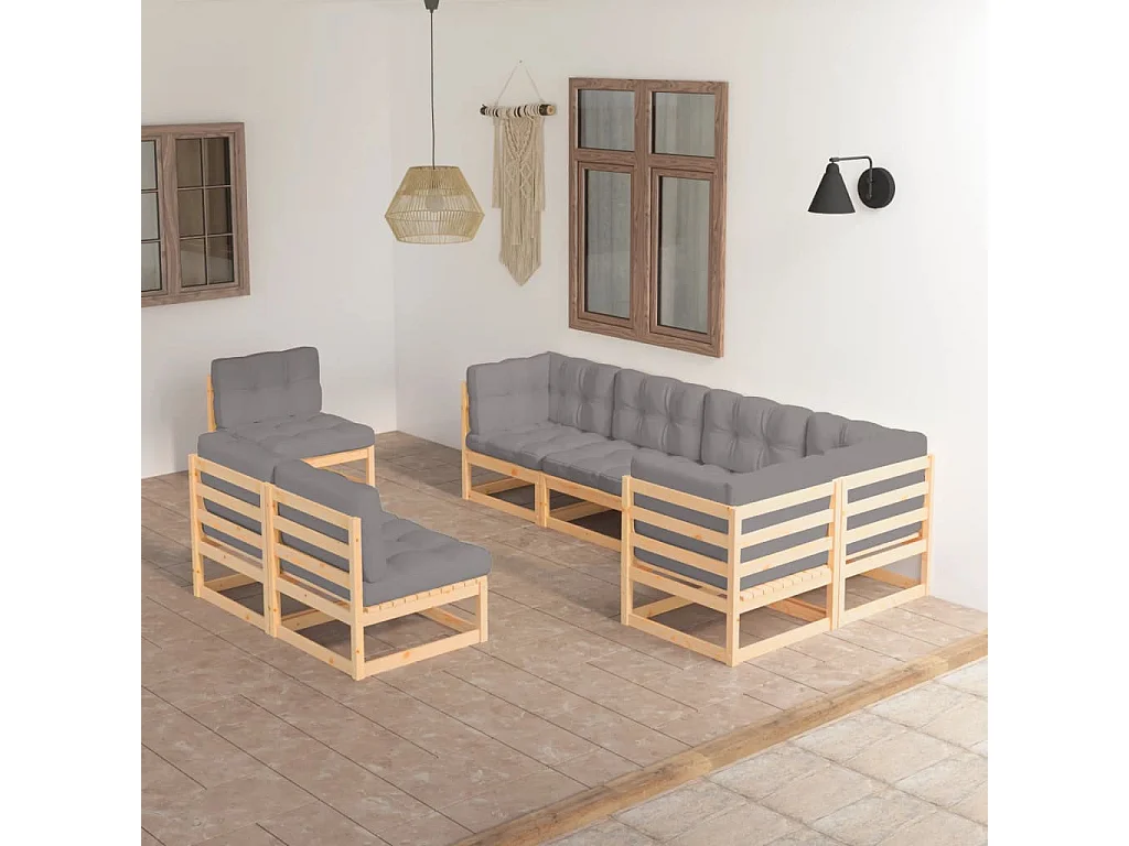 Set Salotto Giardino 8 pz Cuscini Antracite Legno Massello Pino