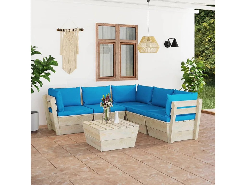 6 pcs conjunto lounge de paletes + almofadões madeira de abeto