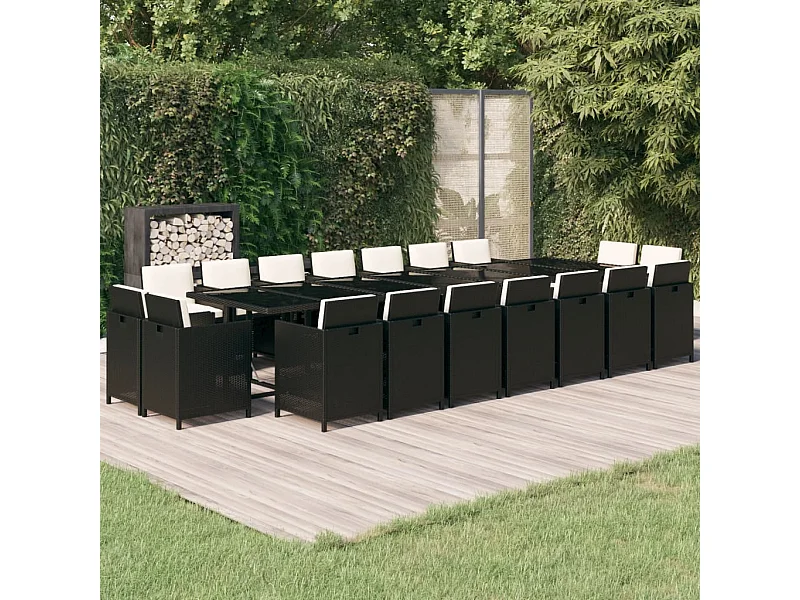 19-tlg. Garten-Essgruppe mit Kissen Poly Rattan Schwarz