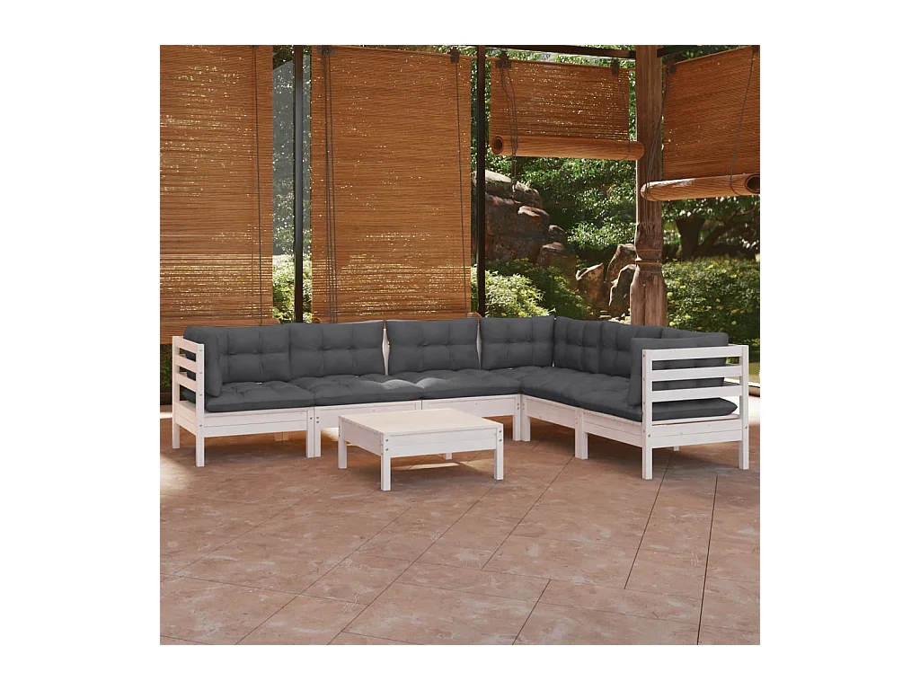 Salon de jardin 7 pcs avec coussins blanc bois de pin massif