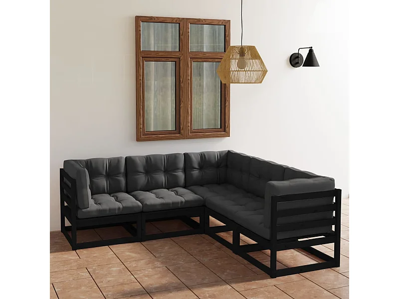 Set Divani da Giardino 5 pz con Cuscini Legno Massello di Pino