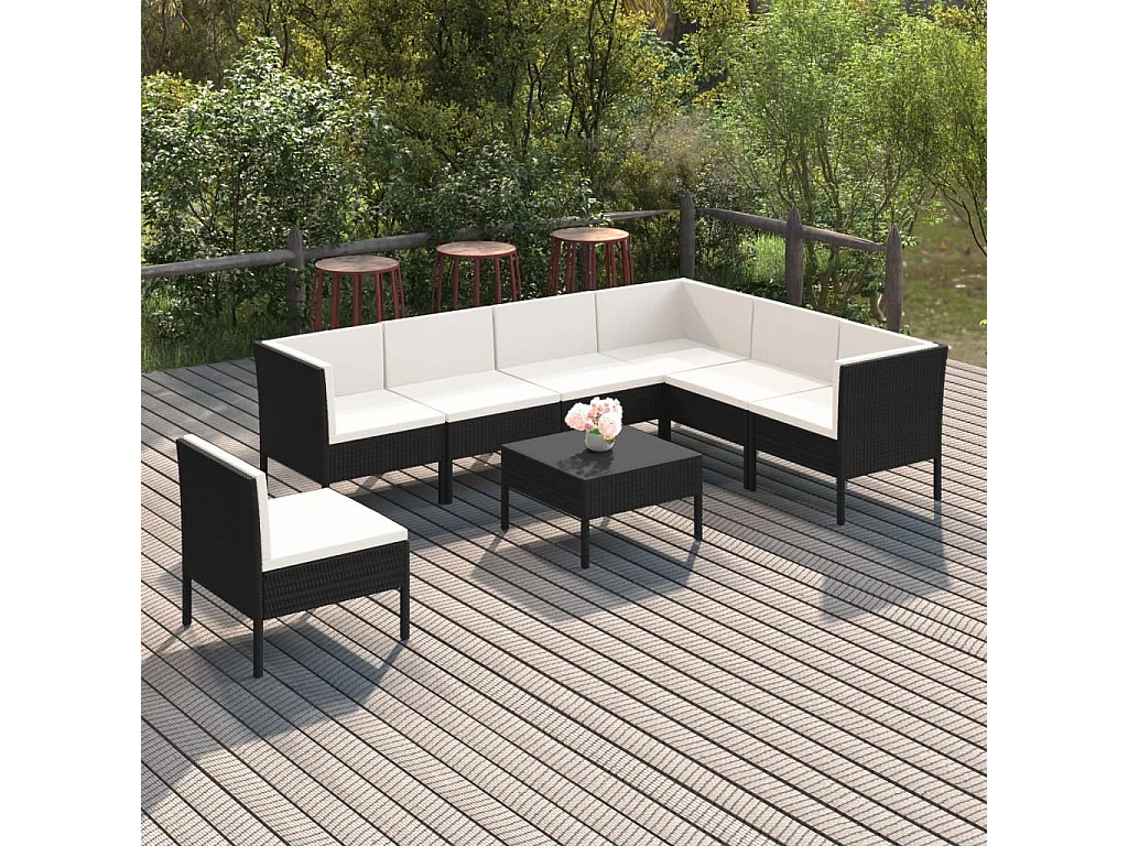 Salon de jardin 8 pcs avec coussins résine tressée noir