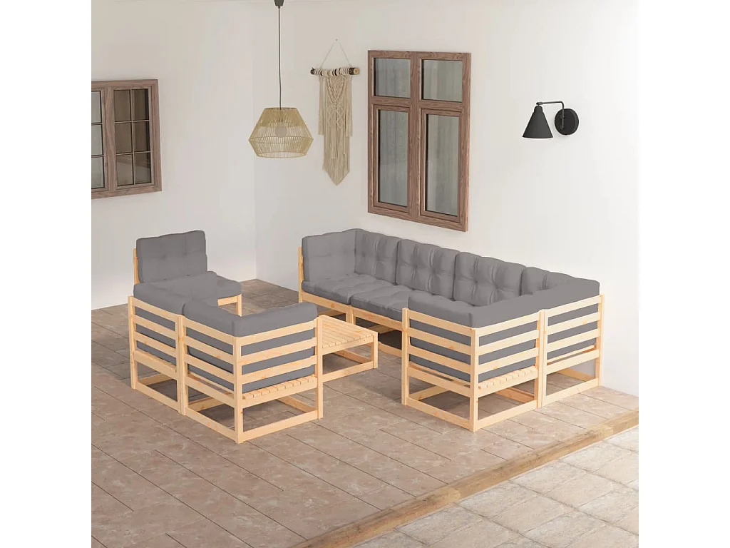 Salon de jardin 9 pcs avec coussins Bois de pin massif