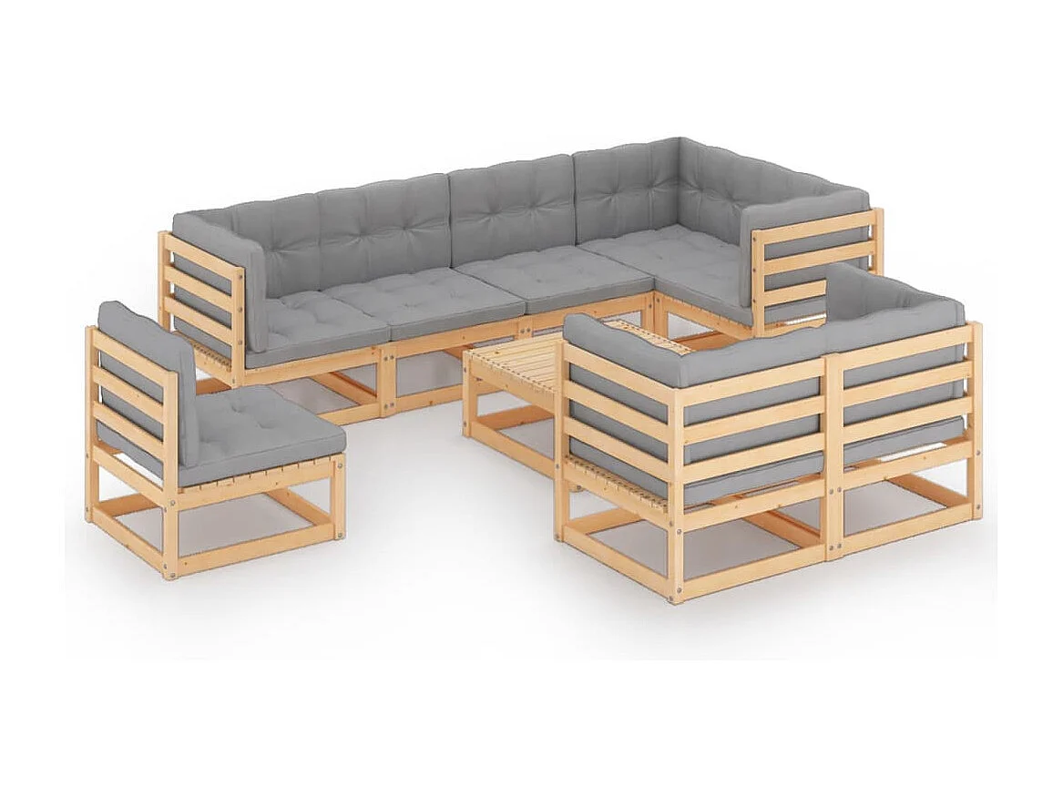 Salon de jardin 9 pcs avec coussins Bois de pin massif