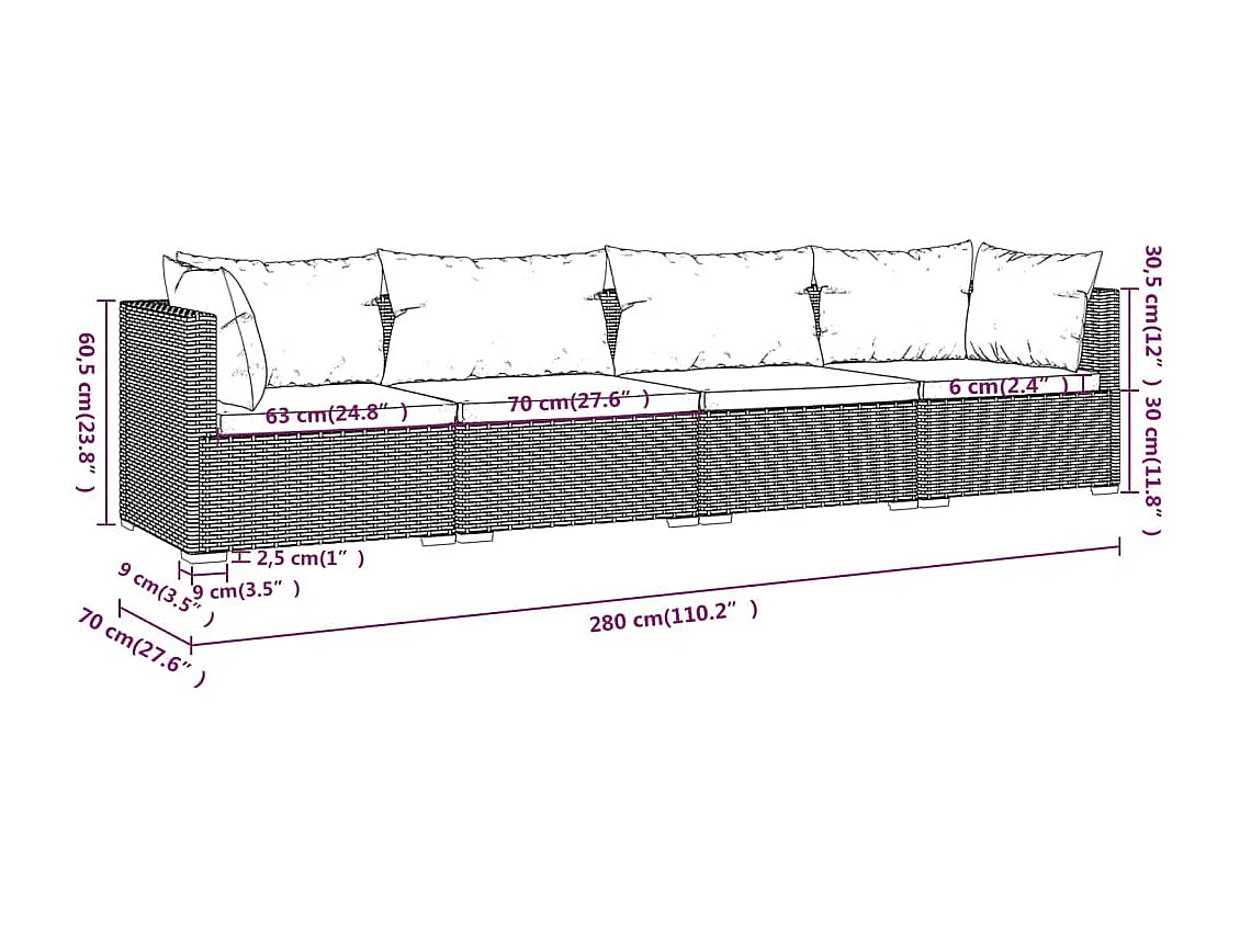 4-tlg. Garten-Lounge-Set mit Kissen Poly Rattan Grau