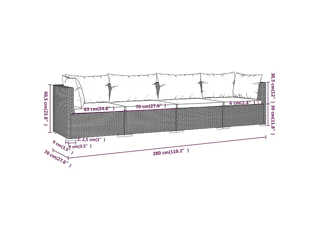 4-tlg. Garten-Lounge-Set mit Kissen Poly Rattan Grau