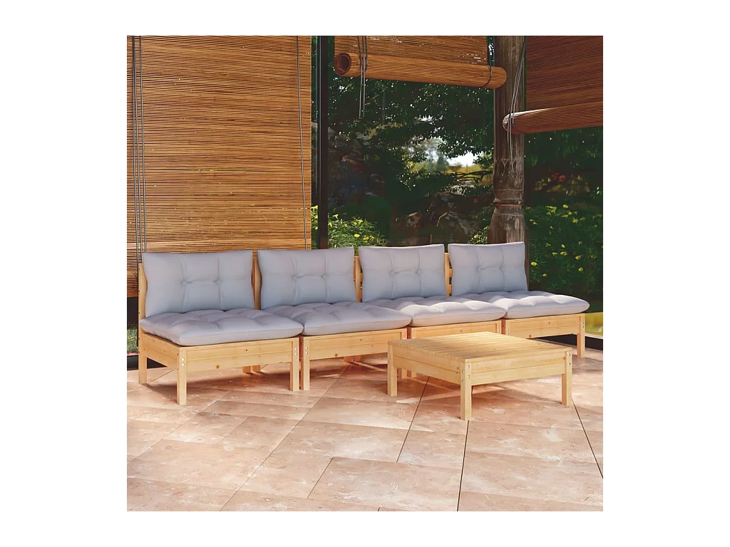 Salon de jardin 5 pcs avec coussins gris bois de pin