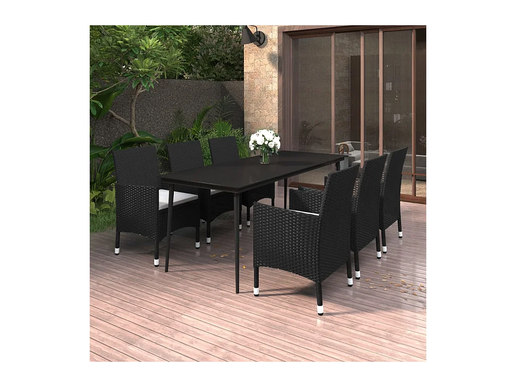 Ensemble à manger de jardin coussins 7 pcs Résine tressée Verre