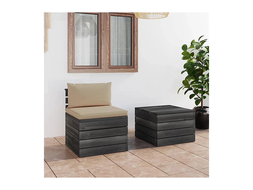 Salon palette de jardin 2 pcs avec coussins Bois de pin massif