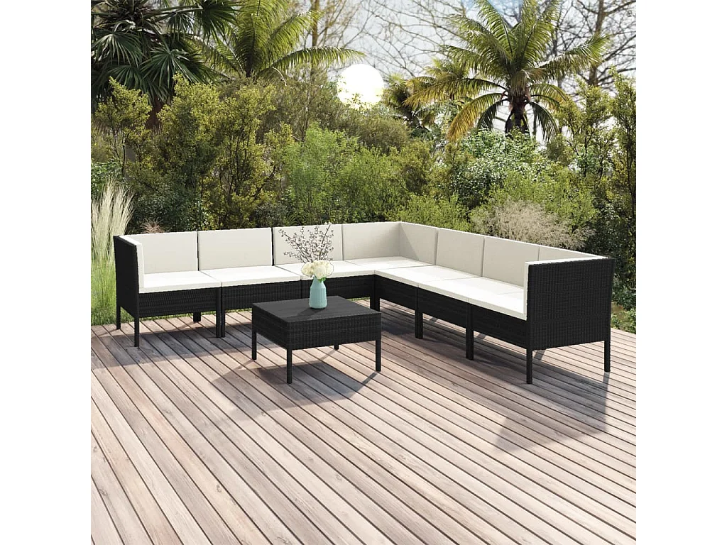 8 pcs conjunto lounge de jardim c/ almofadões vime PE preto